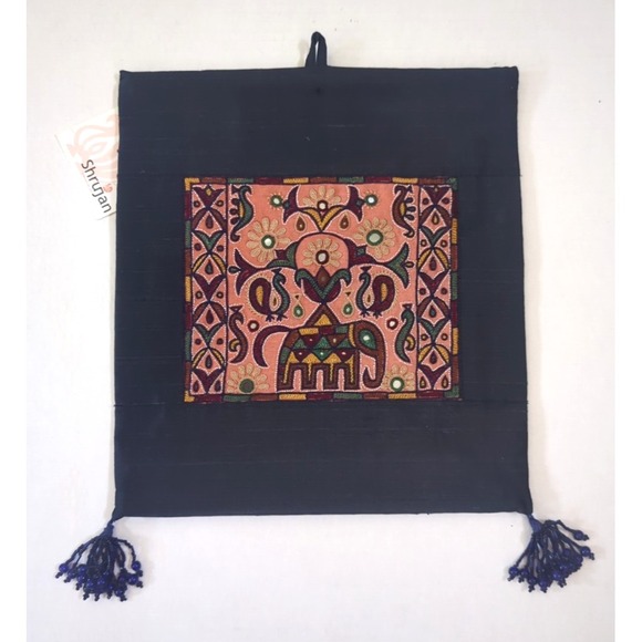Shrujan Other - Shrujan Dupion Silk Hand Embroidered Mirror Work Wall Hanging Beaded Tassels New